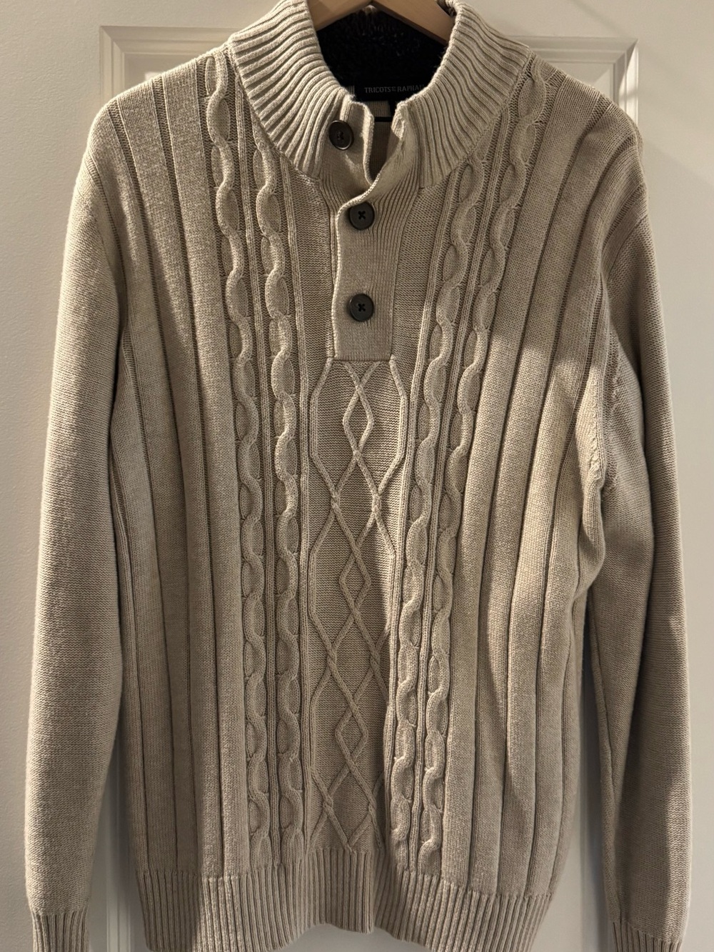 Tricots st Raphael Men's Cable-Knit Button Mock Neck Sweater - Beige XL